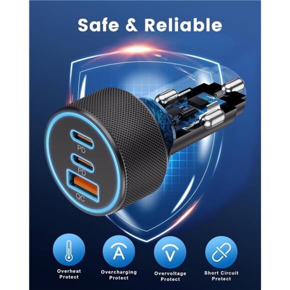 USB C Car Charger, 3-Port 67W Dual USB-C & USB-A Car Power Adapter PD/QC Fast - Picture 4 of 8